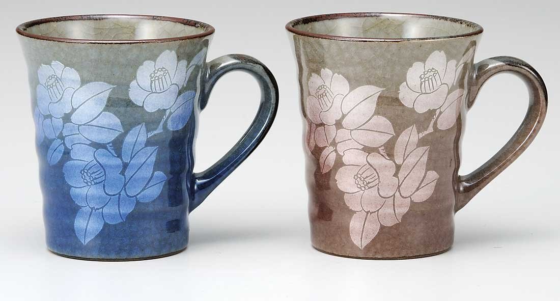 九谷焼 陶器 ペア マグカップ 銀彩山茶花 AK4-0955