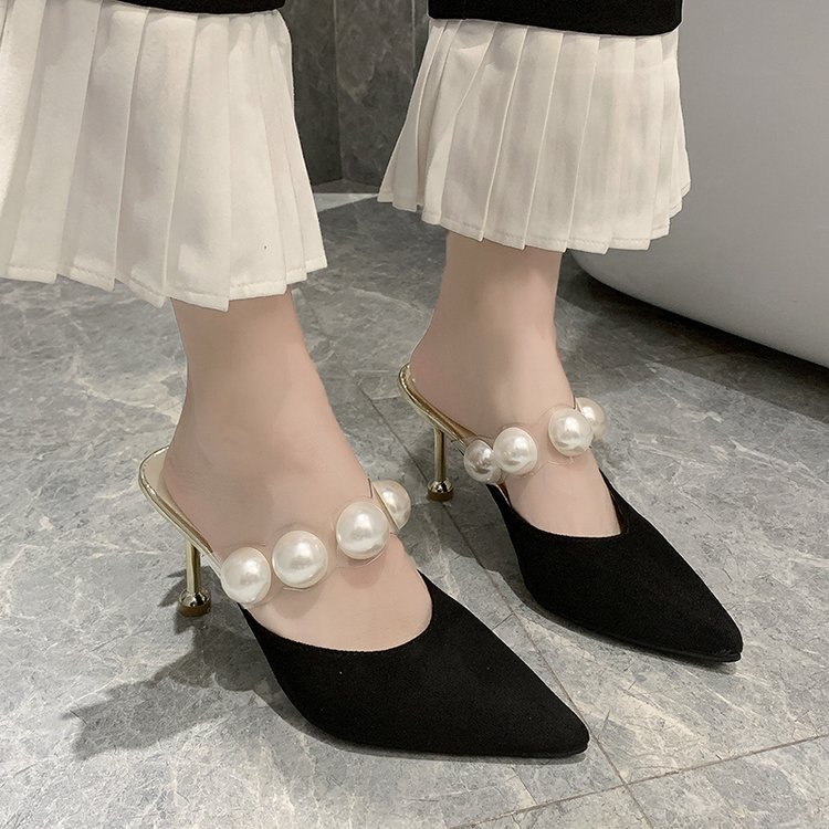 ビーチサンダルパンプス サンダル 靴 レディース パール ミュール ローヒール ミュールサンダルストラップ サンダルフラットシューズ フラットパンプス ポインテッドトゥ ハーフスリッパ 韓国フ