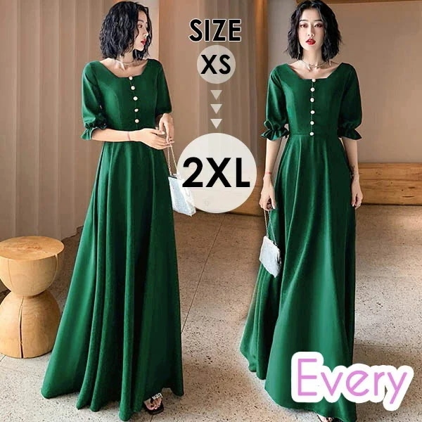 パーティードレス ロングドレス 母親 結婚式 緑 バブルスリーブ スクエアネック ミセス向けドレス 大人 ピアノ 発表会 上品 スタイルいい カクテルドレス ノースリーブ お呼ばれ 20代 40代 5