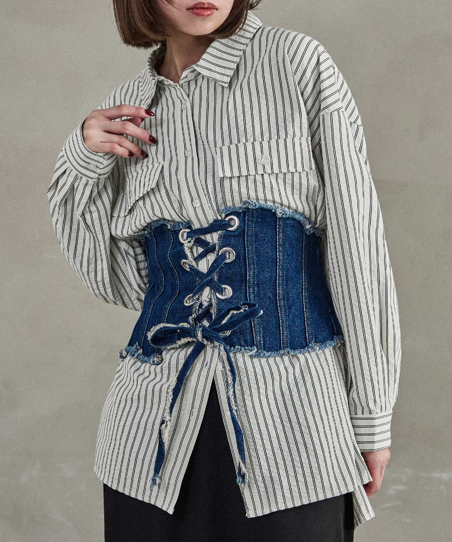 オーバーサイズ ストライプポケットシャツ ブラウス ストライプシャツ ゆったり 長袖 カジュアル ガーリー フェミニン 韓国ファッション 大きめ ロング丈