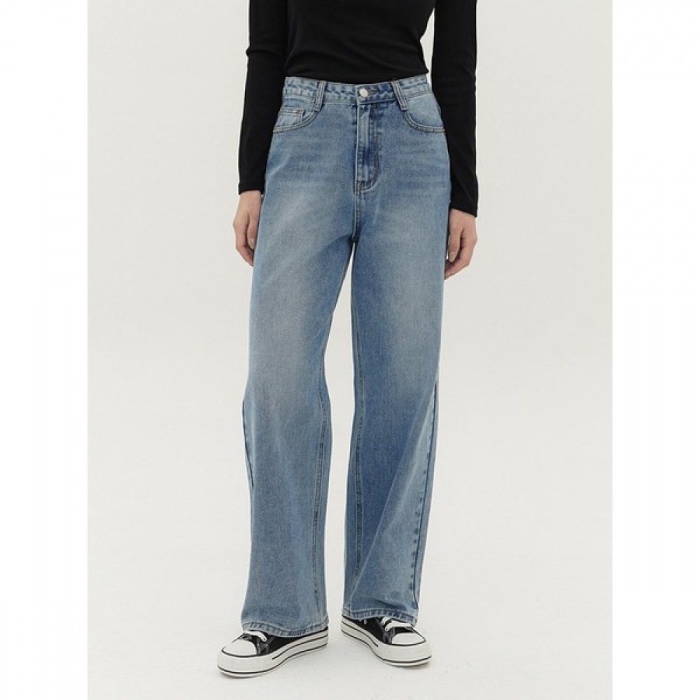 [ジンマニア] レディースウォッシングロングワイドミドルブルーデニムレディースパンツ