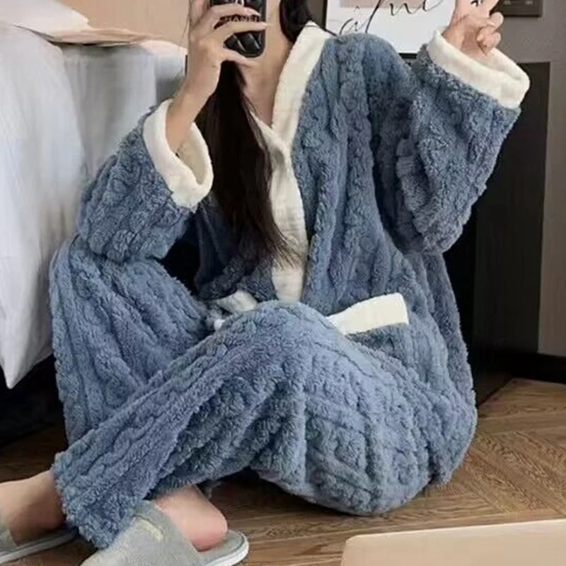 女性用ストロベリープリントパジャマセット,ベルベットパジャマ,暖かいナイトウェア,ふわふわの家庭用スーツ,冬用フリーススリープスーツ,韓国語,2個 B-Blue one size