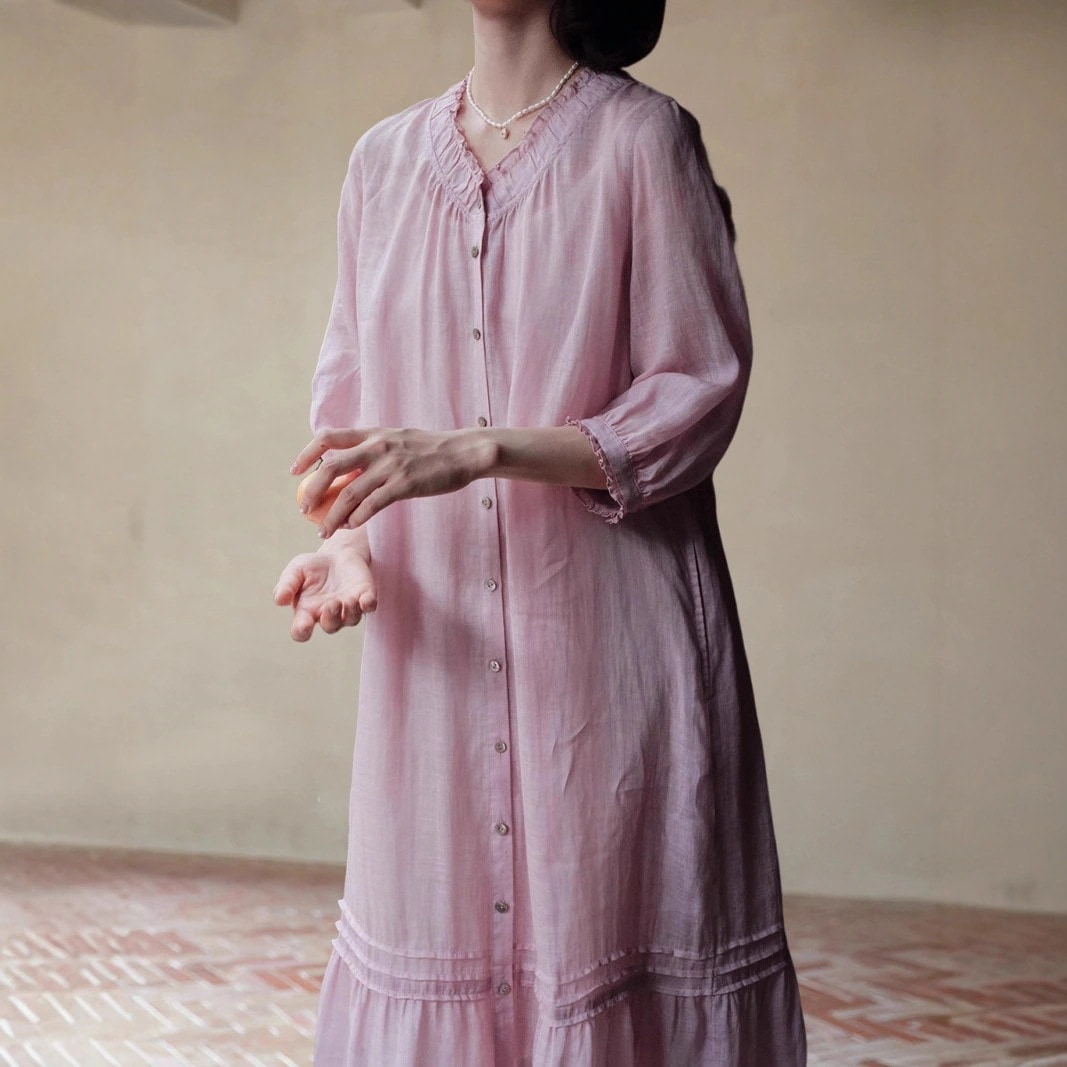 [早秋冬の新作]レディースファッション リゾートワンピース ゆったり vネック 7分袖 ロングワンピース リネン ワンピース