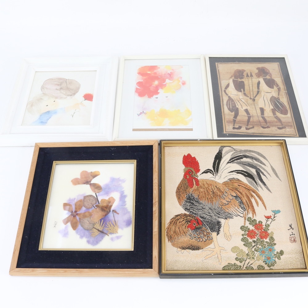 まとめ 5点 セット アート 作品 いわさきちひろ 母の日 花の精 押花 パピルス画 絵画 RBM DU36-9 中古