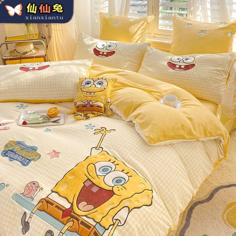 アニメ牛乳パイル4点セット2023秋冬新型厚手布刺繍スポンジボブ布団シーツ3点セット