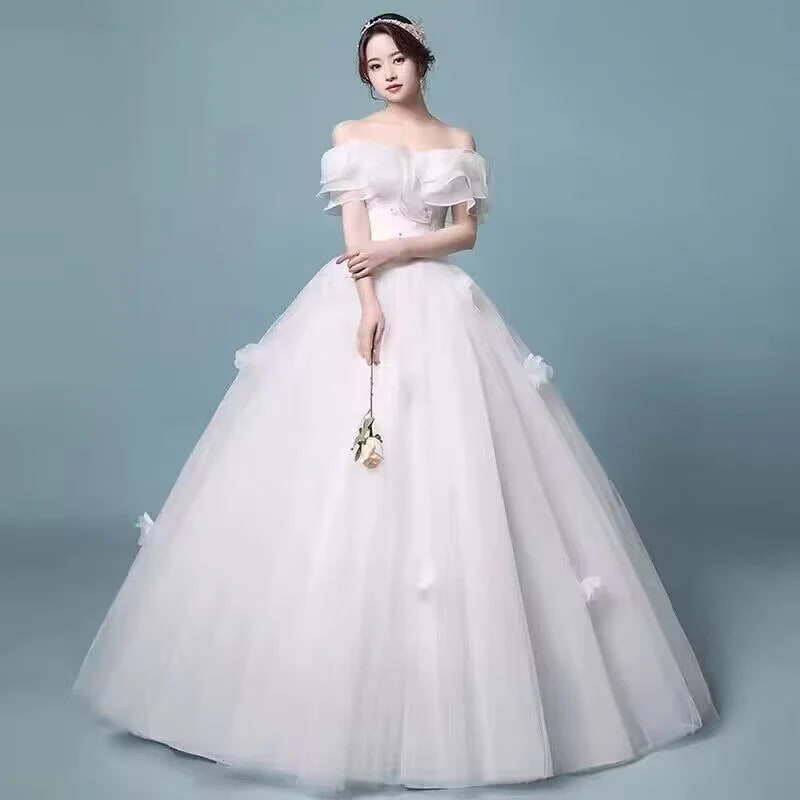 ウェディングドレス　花嫁　レース　オフショルダー　Aライン　結婚式　披露宴　白ドレス　ホワイト　姫系 7,965円