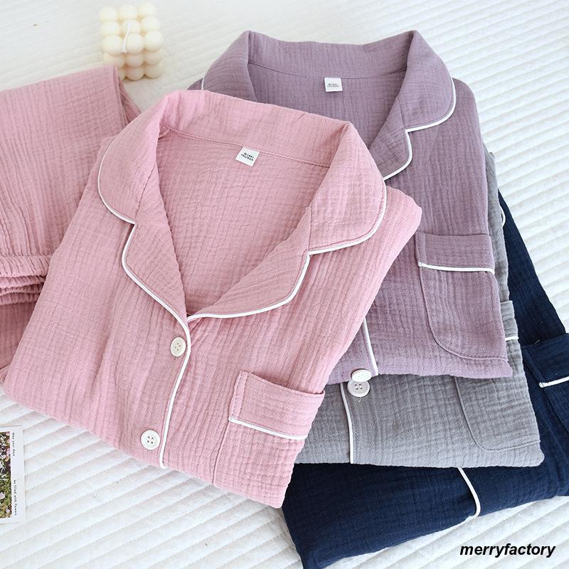 【急速出荷!】ペアパジャマ ガーゼパジャマ ガーゼ 二重ガーゼ ウェア 襟付き綿100％ガーゼ 前開き 長袖長ズボン上下セット 敏感肌用 部屋着 用