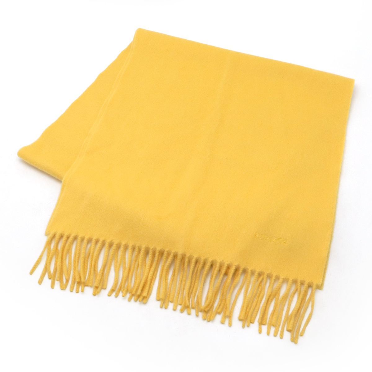 マフラー ストール フリンジ ロゴ刺繍 カシミヤ100% イエロー 黄