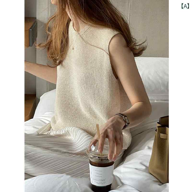 ニット ベスト レディース トップス おしゃれ ノースリーブ 夏 秋 薄手 ラウンドネック 無地 ナチュラルカラー 大人 カジュアル