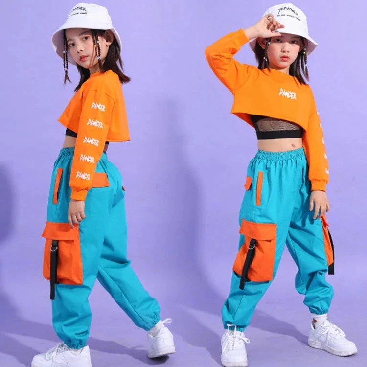 衣装 キッズ 女の子 カーゴパンツ 練習着 ダンスウェア ジャズ 3点セット セットアップ 長袖/スウェット/トレーナー/ロンT ショート丈 メッシュ ヒップホップ ブラトップ インナー へそ出し ス