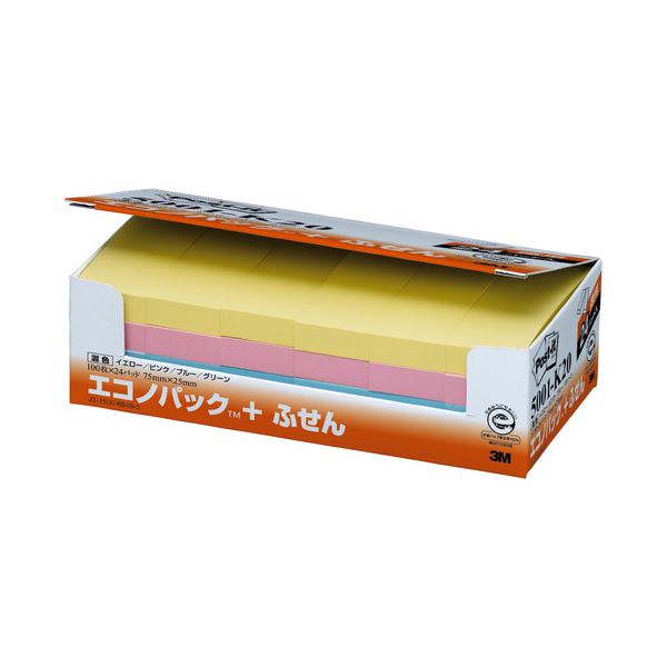 (まとめ) 3M ポストイット エコノパック ふせん 再生紙 75×25mm 4色 5001-K20 1パック（24冊） (×5セット)