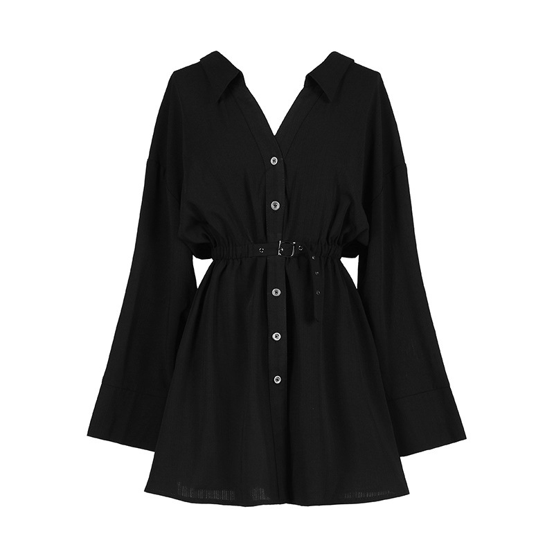 オリジナルデザインに黒い腰長袖を着やせvネック秋のレジャークロスカートシャツワンピースミニスカート女装