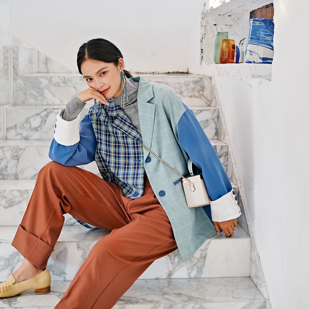 イレギュラーステッチチェック柄ジャケット ルーズ ニッチデザイン カジュアルスーツ レディース モード系 a1469