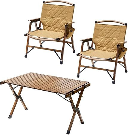 Folding Wood Chair フォールディングウッドチェア ローチェア 折りたたみチェア ウッドチェア キャンプチェア キャンプ椅子 ドリンクホルダー(ロールウッドテーブル x チェア2個セッ
