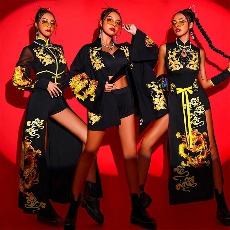 大人 ダンス衣装 セットアップ レディース へそ出し ヒップホップ 龍柄 チャイナ風 ダンス衣装 k-pop 韓国 原宿系 ジャズ 衣装 ds演出服 夜店 DJ 上下 ダンスウェア おしゃれ