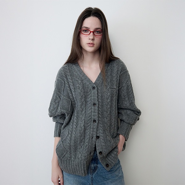 V NECK CABLE LOOSE FIT CARDIGAN CHARCOAL