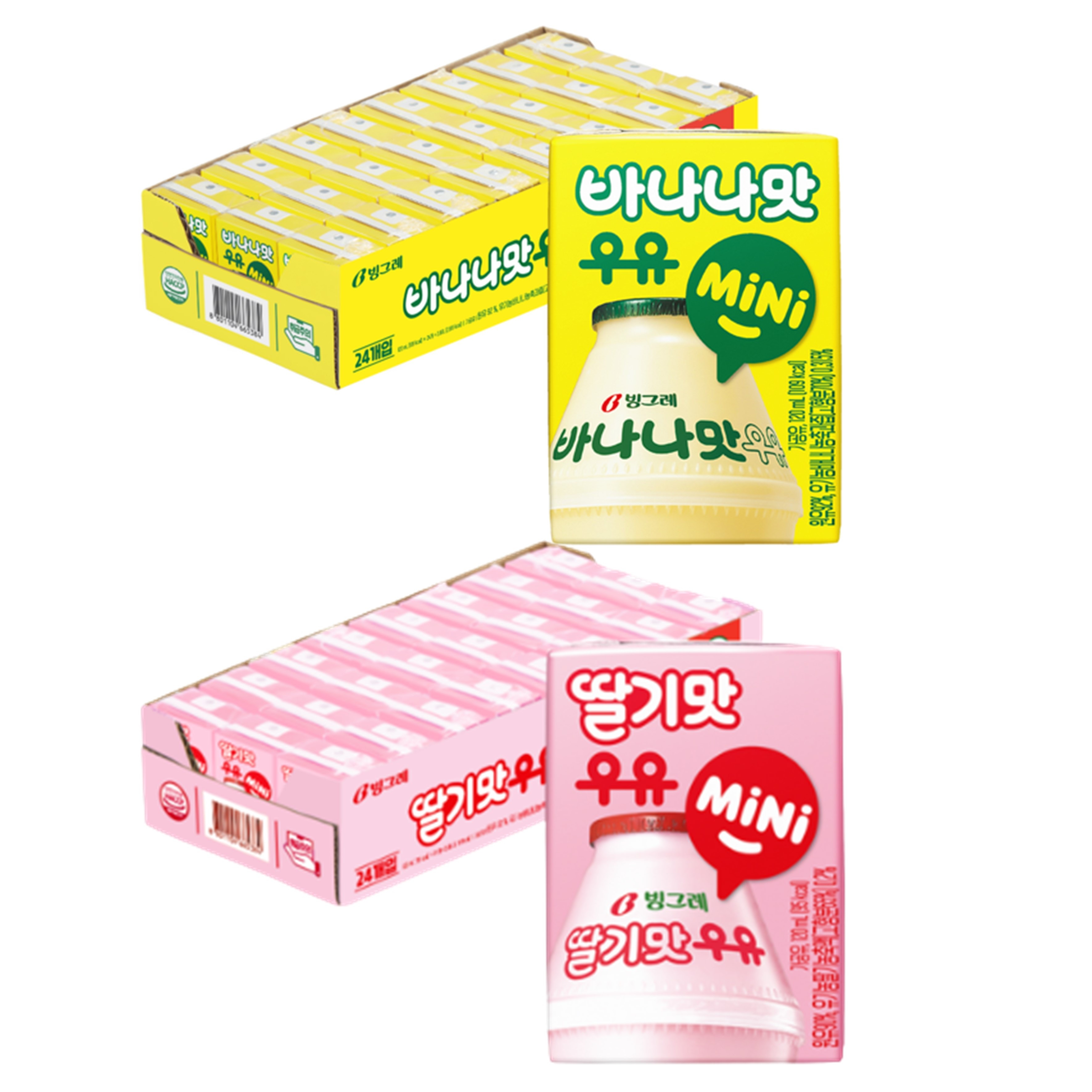 [ピングレバナナ味牛乳 mini 120ml,イチゴ味牛乳 mini 120ml] 48個 [子供間食] 韓国 バナナ牛乳