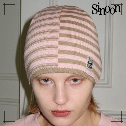 SINOON ニット帽 STRIPE COLOR BLOCK BEANIE (SOFT PINK) シヌーン 韓国ファッション