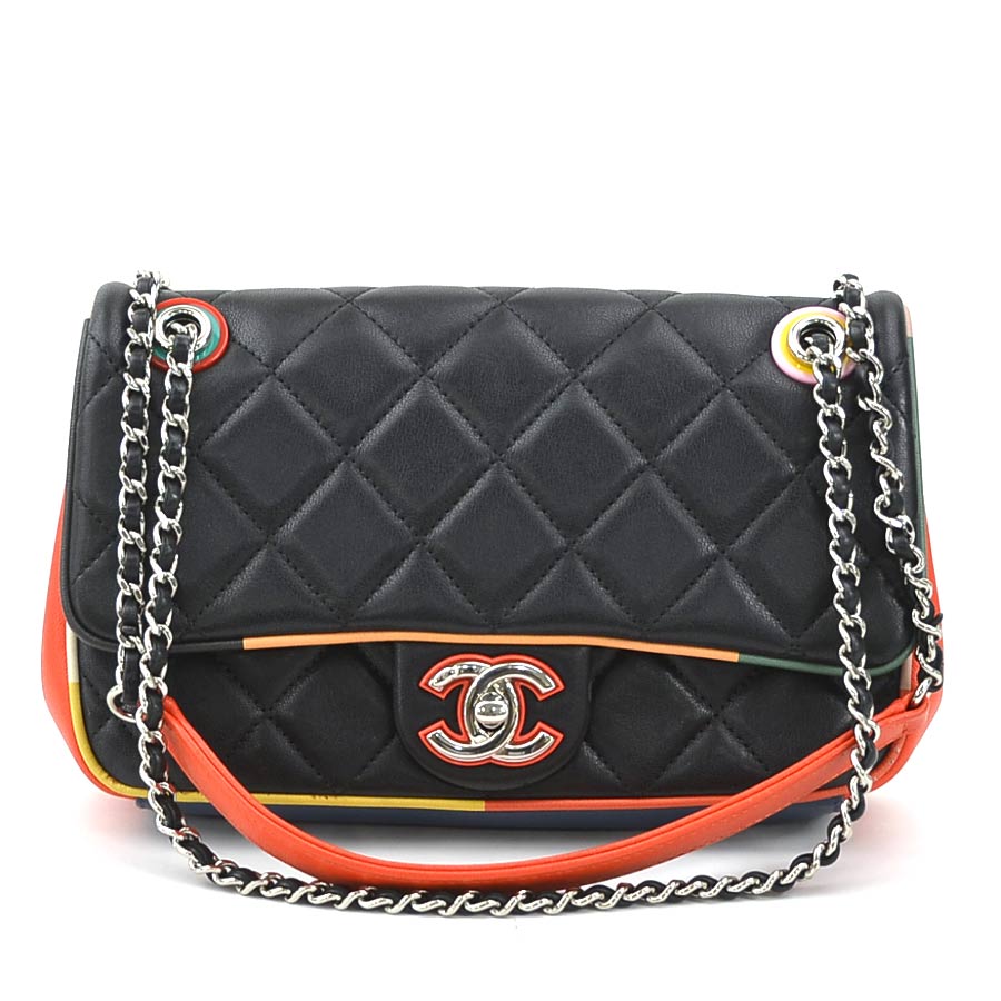 シャネル CHANEL ショルダーバッグ マトラッセ レザー ブラック/マルチカラー シルバー レディース e59258a