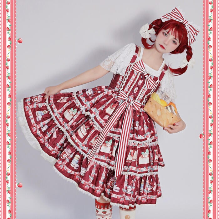 Lolita ロリータ ジャンパースカート ワンピース ドレス プリント イチゴ柄 姫ロリ 甘ロリ ゴスロリ ゆめかわいい JSK 夏 レディース レース リボン 姫系 ノースリーブ ロリィタ エレガ