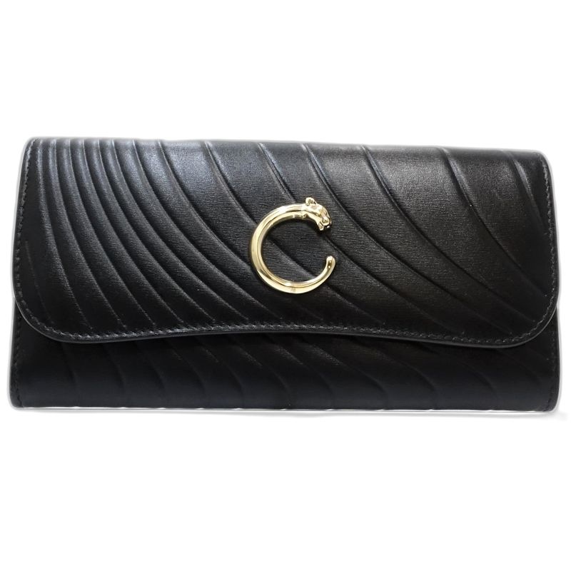 【中古】長財布 インターナショナル ウォレット パンテール C ドゥ レザー ブラック レディース /182005