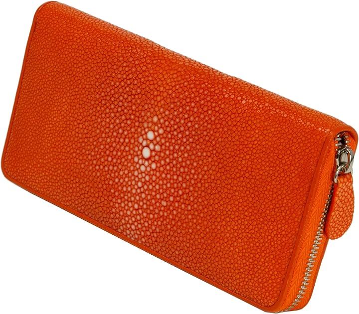 スティングレイ 長財布 大容量 本革 高級 エイ革 ラウンドファスナー 小銭 ポリッシュ 光沢 人気( オレンジ)