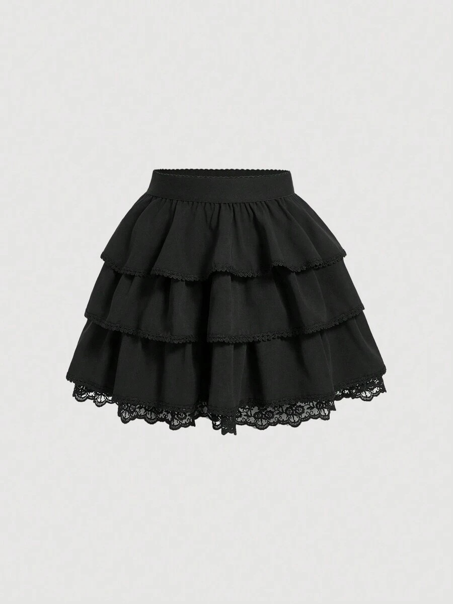 SHEIN MOD レース パッチワーク マルチレイヤー スカート ソリッドカラー レディース