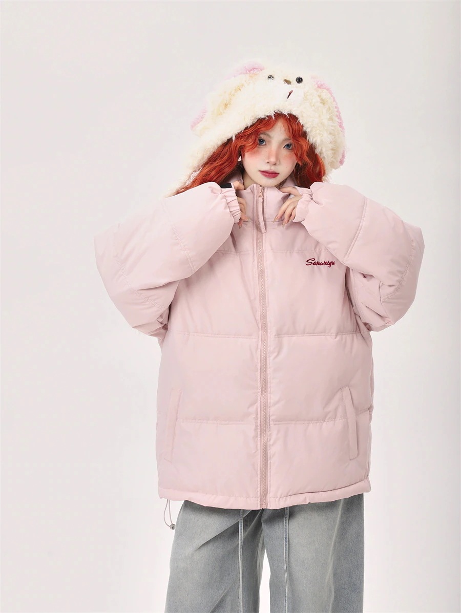 ふっくら中綿 韓国防寒あったか暖かいかわいい厚手アウタートレンド羽織るハイネックファッション系大人ゆったりカジュアルストリートスタンドネックにサイズ丈シルエットレディース黑 2025秋冬 あたたかい冬