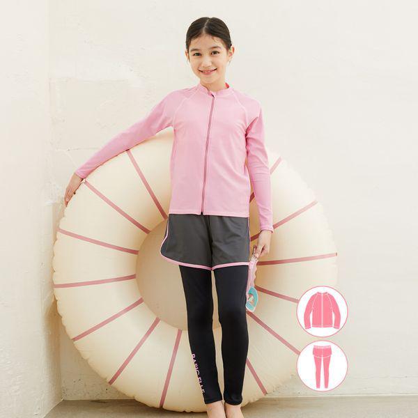 女児用ジップアップラッシュガードウォーターレギンスビーチショートパンツセットBEG X601P_P362159567 9,447円