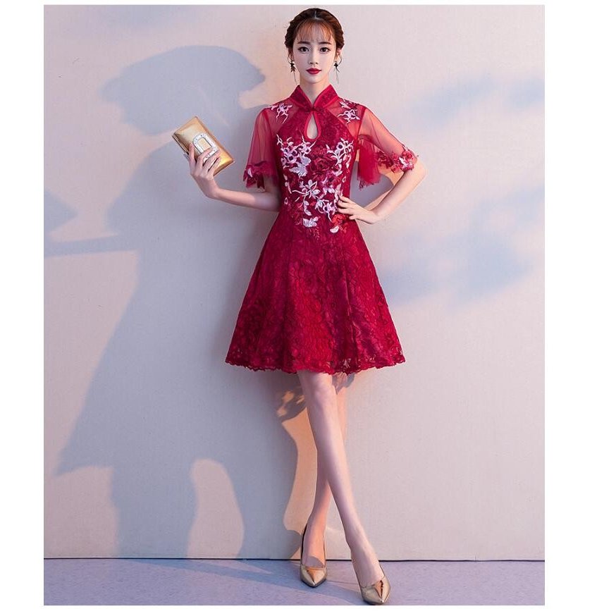 立ち襟 ミモレ丈ドレス ウエディングドレス チャイナドレス Aラインワンピ パーティードレス カラー