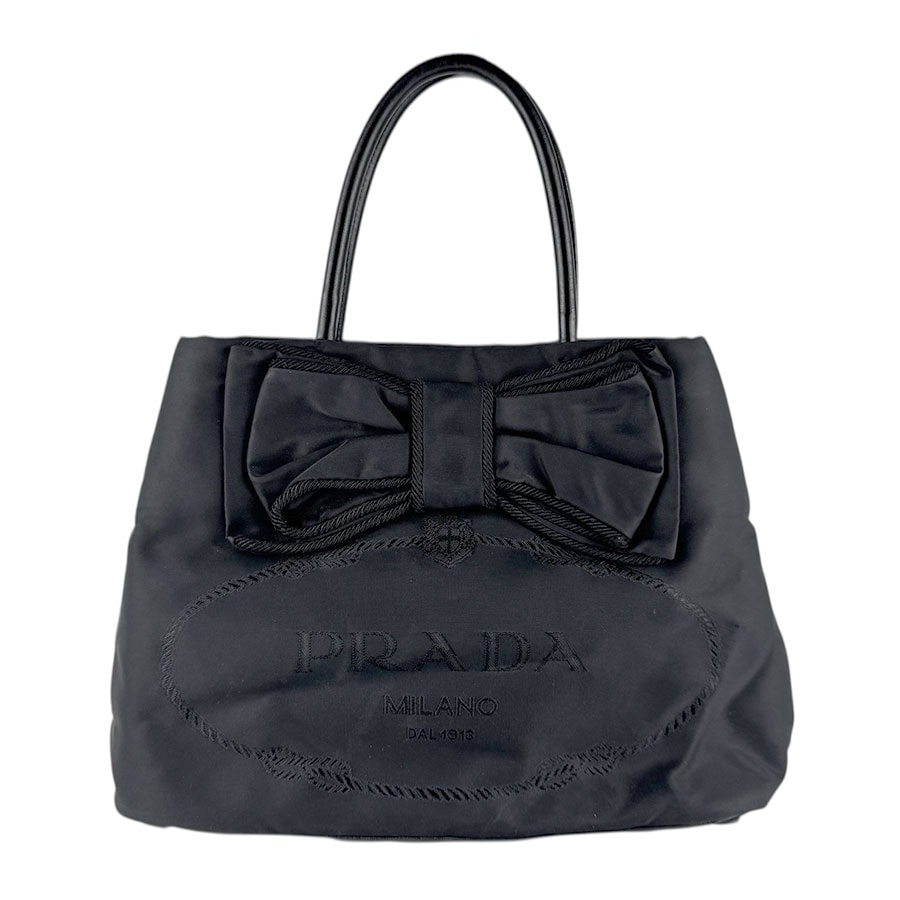 プラダ PRADA ハンドバッグ ショルダーバッグ リボン ナイロン/レザー ブラック ゴールド レディース z8201