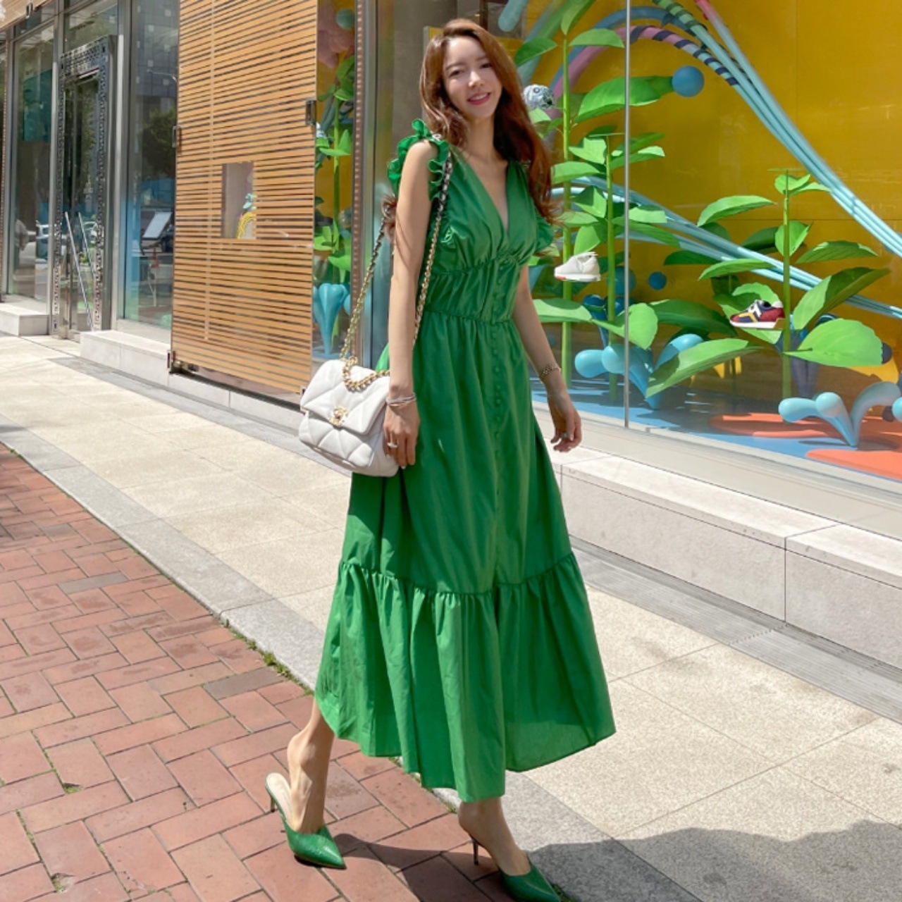 ワンピース レディース 深VネックAライン ノースリーブ フリルショルダー ミモレ丈 ロング