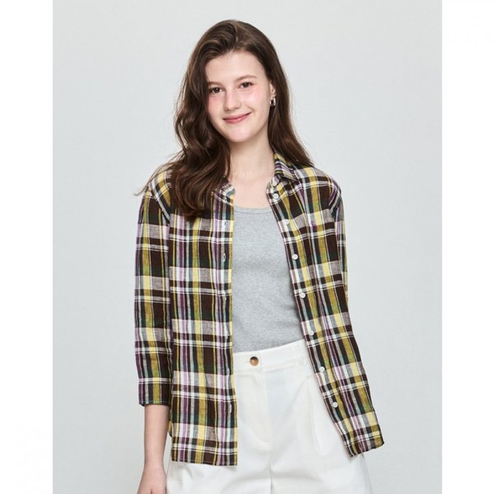 [25SS] リネンチェック 3/4 シャツブラウン HSSH5B304W2