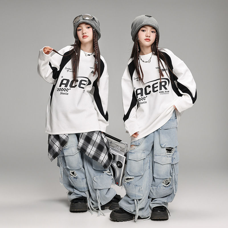 街舞児童潮服ヒップホップ潮クール演技服少年hiphopゆるい潮牌ジーンズ公演服装秋1573