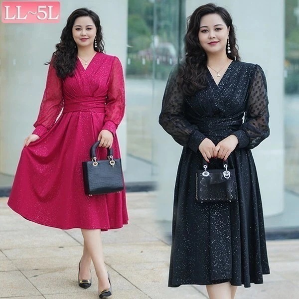 ワンピース ぽっちゃり ドレス ミモレ丈 袖あり 長袖 大きいサイズ レディース 春 秋 きれいめ パーティードレス Vネック Aライン ワンピ LL 3L 4L 5L かわいい 着痩せ お腹 太もも