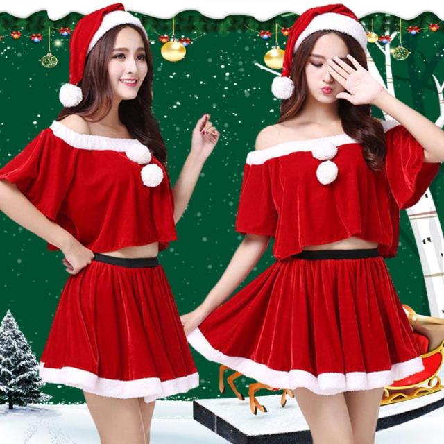 [qrp-x75] 送料無料 クリスマス コスプレ トップス+スカート+帽子3点セット セパレート 半袖 スカート Christmas cos play 大人 オフショルダー レディース 衣装 コスプ