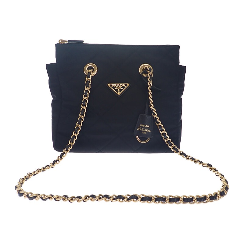 Re-Edition 1995 チェーンショルダー 1BG4682A0SF0002 ショルダーバッグ トートバッグ ナイロン ブラック ゴールド金具 レディース【Aランク】