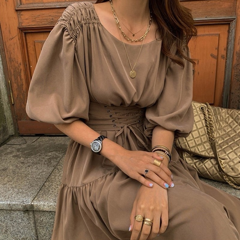 2色 ワンピース 半袖 春 夏 秋 きれいめ フレア フレアスカート 膝下 ミモレ丈 ボリューム袖 ラウンドネック ボートネック フレア セミフレア ウエストリボン ブラウン ネイビーブルー ワンサイ