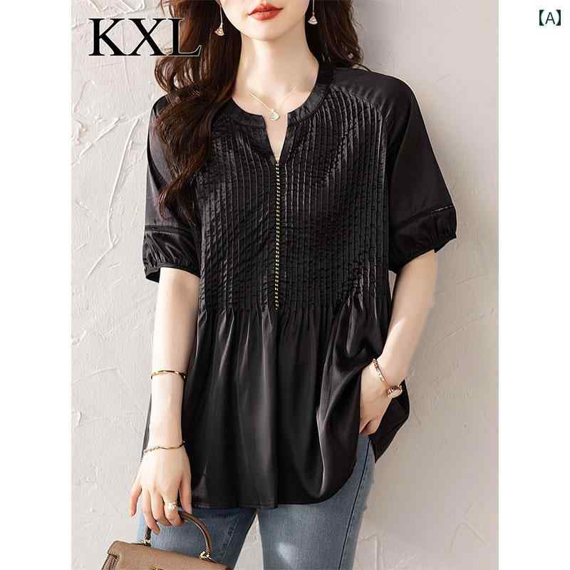 トップス レディース おしゃれ 上品 通勤 オフィス カジュアル スリム 黒 半袖 Tシャツ 美しい シャツ