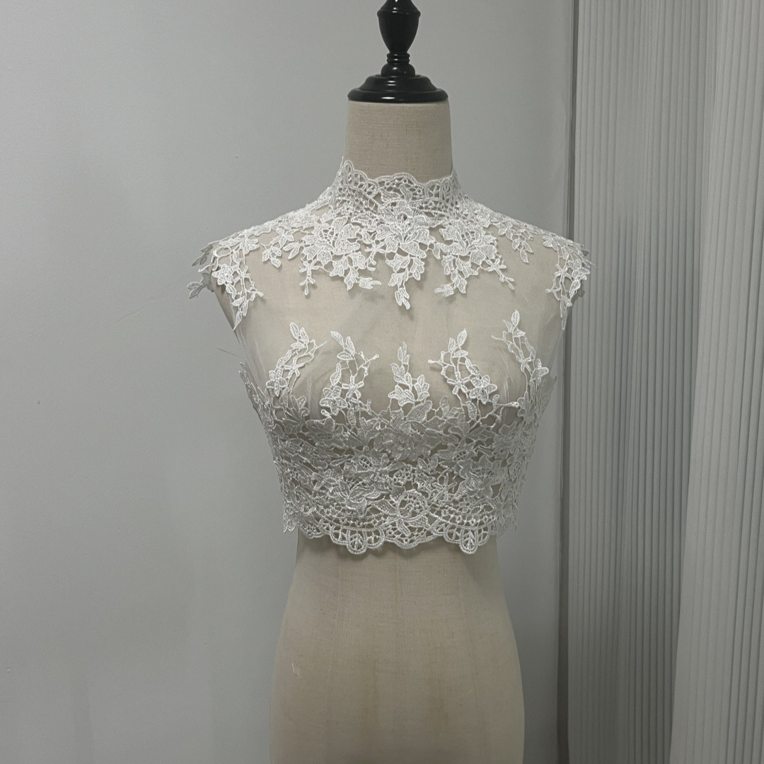 エレガント ボレロ ノースリーブ ハイネック くるみボタン 繊細レース 花嫁/ウェディングドレス