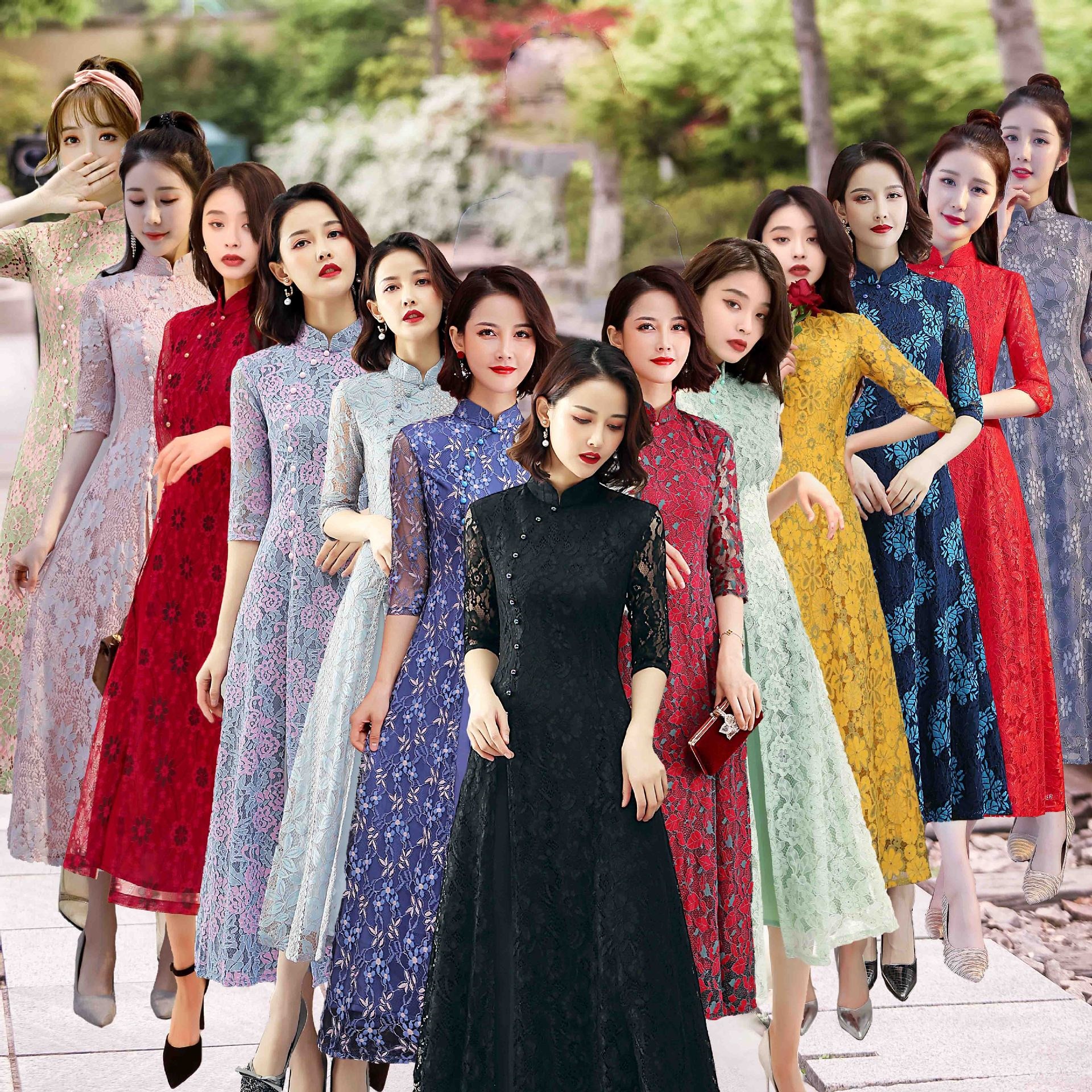 2020新しいファッションブティックモダンバージョンのデイリーモデルは新しいオードリーレースチャイナドレスの女性を改善しました