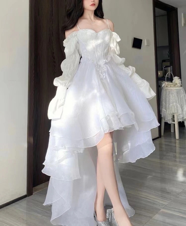 韓国ファッションッロリータ コスプレ 2023新作jsk 長袖半袖夏 ロリータ ワンピース ドレス バブル袖 可愛い レース ワンピース脚魅せミニスカート