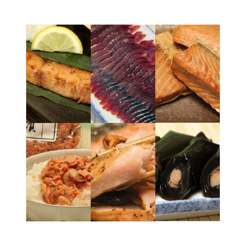 「鮭のまち」　村上の特産品 鮭ギフト　鮭づくし6点セット / 塩引き鮭・鮭の焼漬け・鮭の味噌漬け・鮭の酒びたし・鮭茶漬け・鮭入り昆布巻き / 贈答 お中元 お歳暮 お礼 お祝い 内祝い 法事 お返し