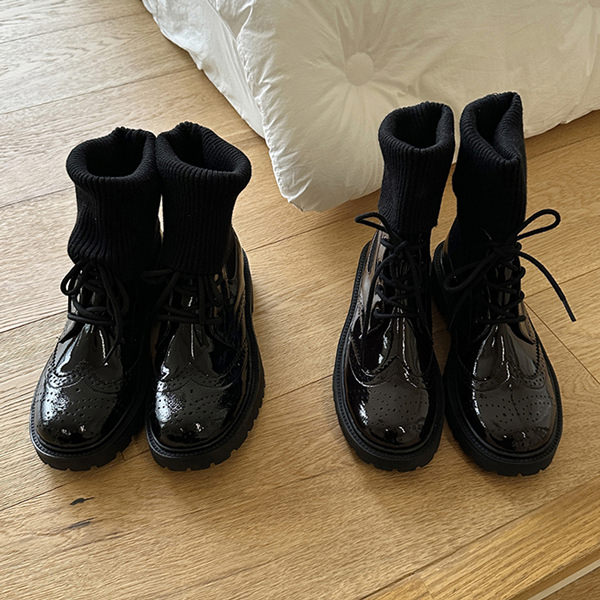 ショートブーツ ソックスブーツ オックスフォード トラックソール レースアップ レディース 黒 茶 ブラック ブラウン おじ靴 革靴 ローファー 靴 婦人靴 韓国