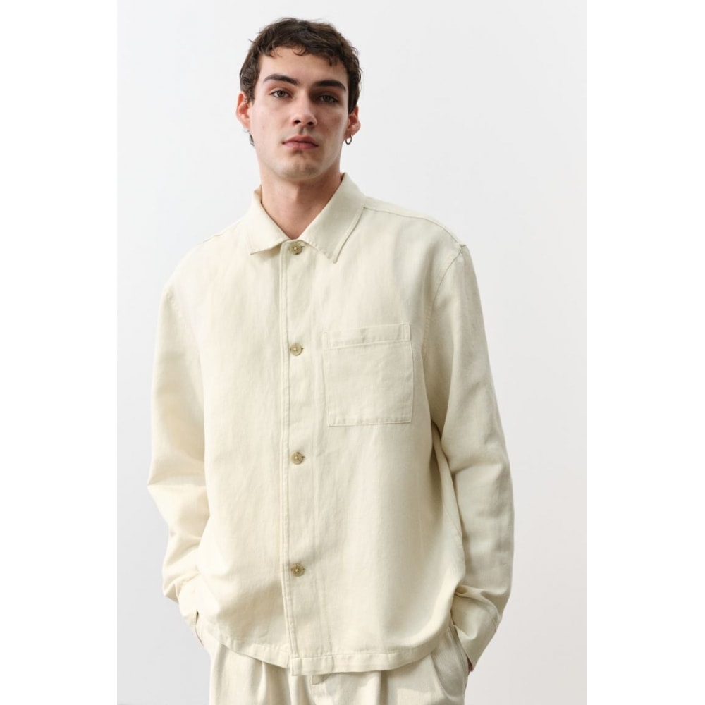 H&M リネンブレンドオーバーシャツレギュラーフィットクリームモデル