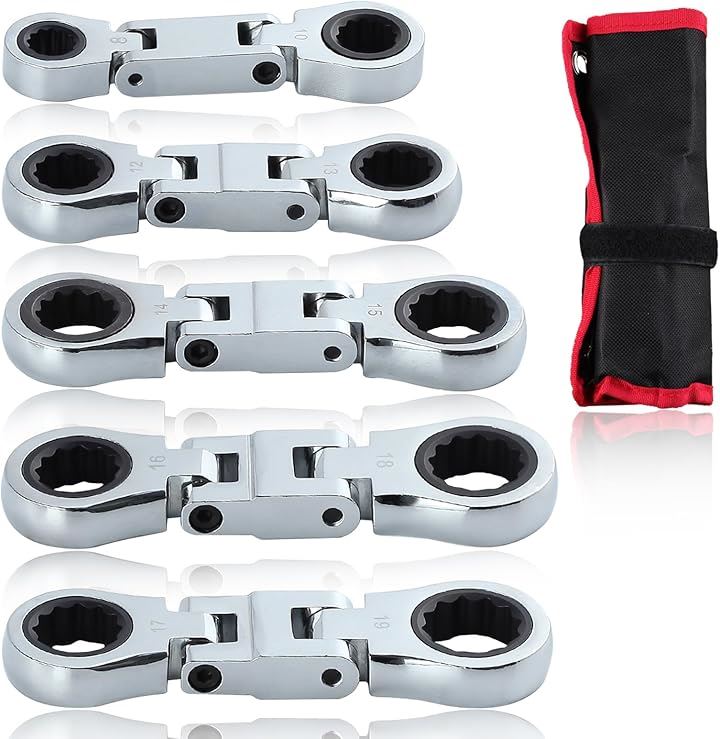 両首振ラチェットめがねレンチセット 首振りラチェットセット ラチェットレンチ 両頭型首振りタイプ ショートラチェットメガネ 収納ポーチ付き 収納袋付き 工具セット(シルバー, ミニ) 5,057円