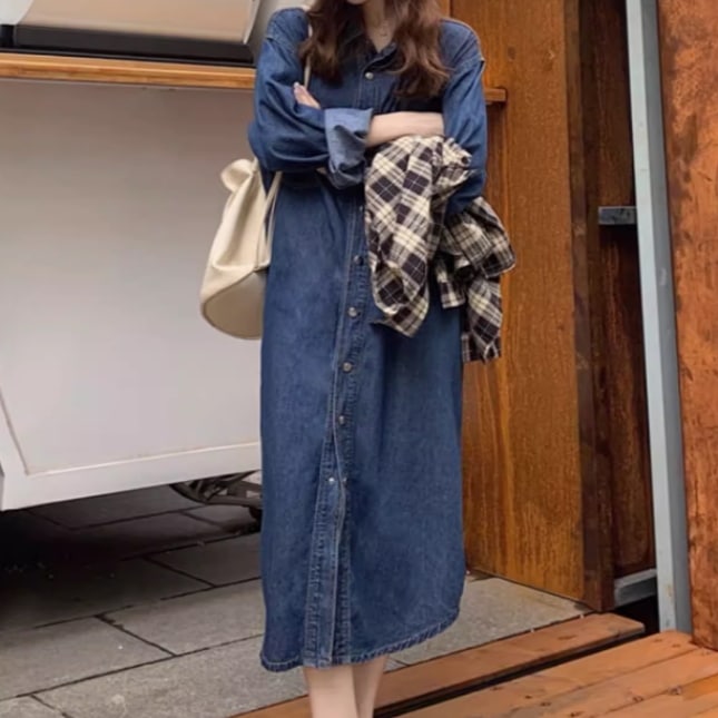 レディース スカート ワンピース シャツワンピ デニム デニムスカート ロングスカート ミモレ 長袖 襟付き ワイド ポケット ボタン ブルーデニム カラーデニム かわいい 大人可愛い きれいめ