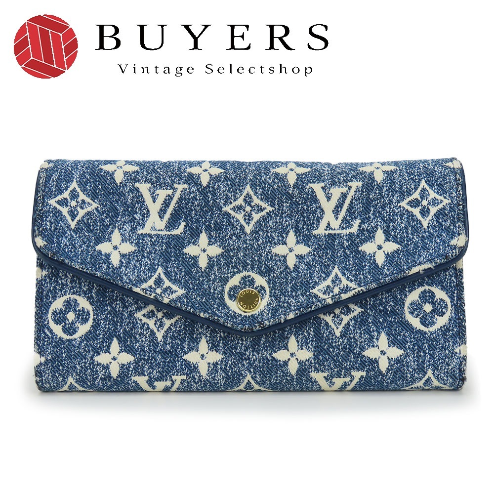 中古 長財布 ポルトフォイユサラ M81183 モノグラム ジャガードデニム マリーヌ ブルー ホワイト ゴールド金具 二つ折り 普段使い 小物 レディース 女性