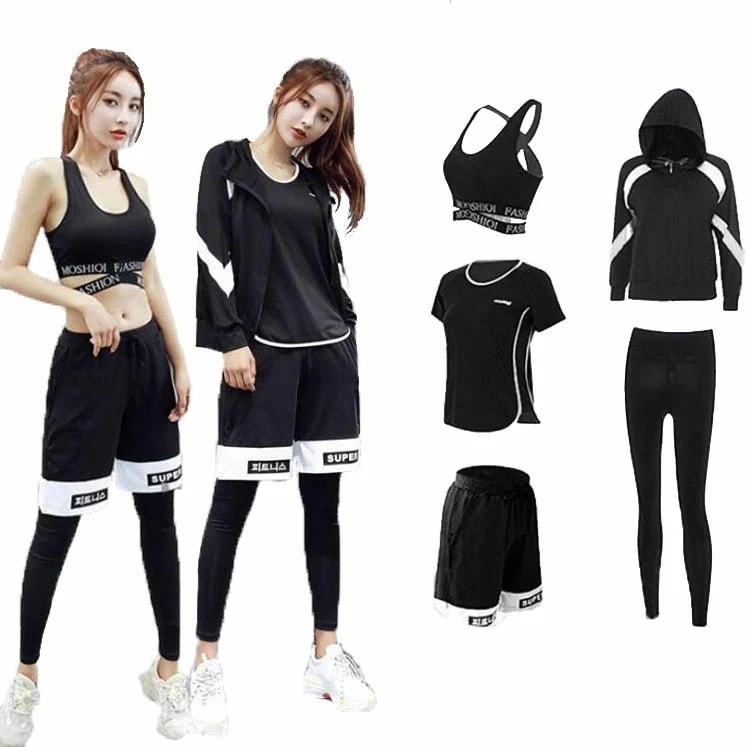 スポーツウェア ジャージ レディース 上下 セット トレーニングウェア ランニングウェア ヨガウェア 5点セット 大きいサイズ 体型カバー ハーフパンツ レギンス ジャージ 上下 ジム ウェア セット