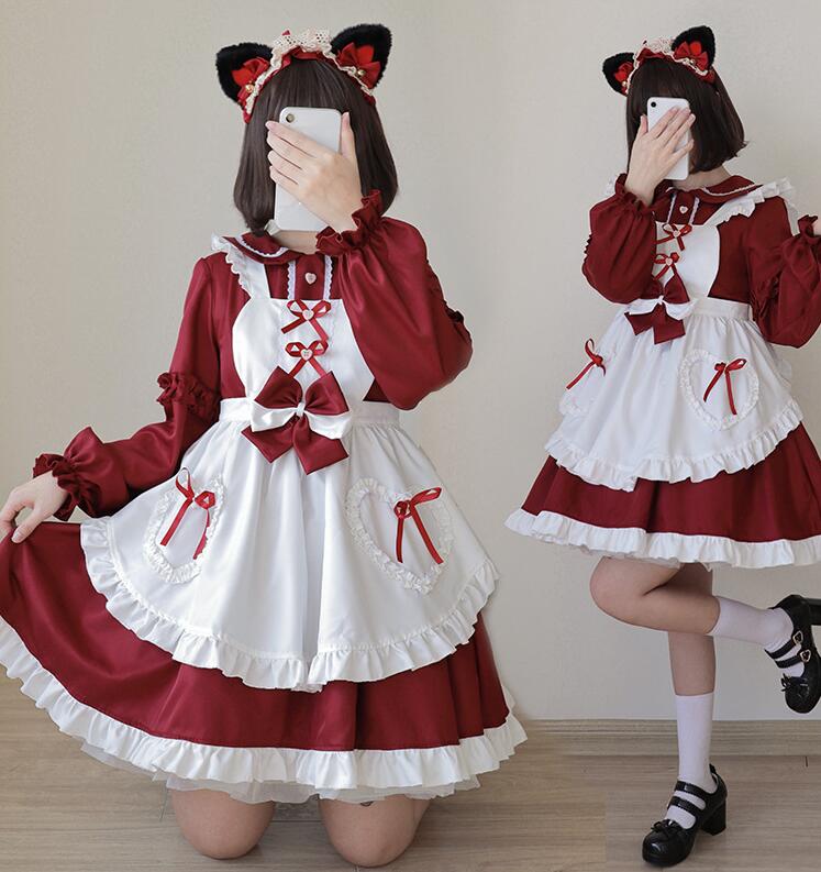 メイド服 ワイン ハロウィン コスプレ衣装 ロリータワンピース 可愛い ロリータ服 コスチューム 変身仮装 コス お化け コスプレ パーティー衣装 文化祭 忘年会 スカラップ裾 萌え萌え ドレス＋エプ